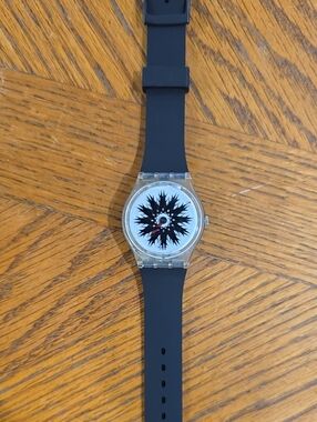 Swatch Migraine GK275 White Dial, Red Accent, New Battery, New Black Watch Guard